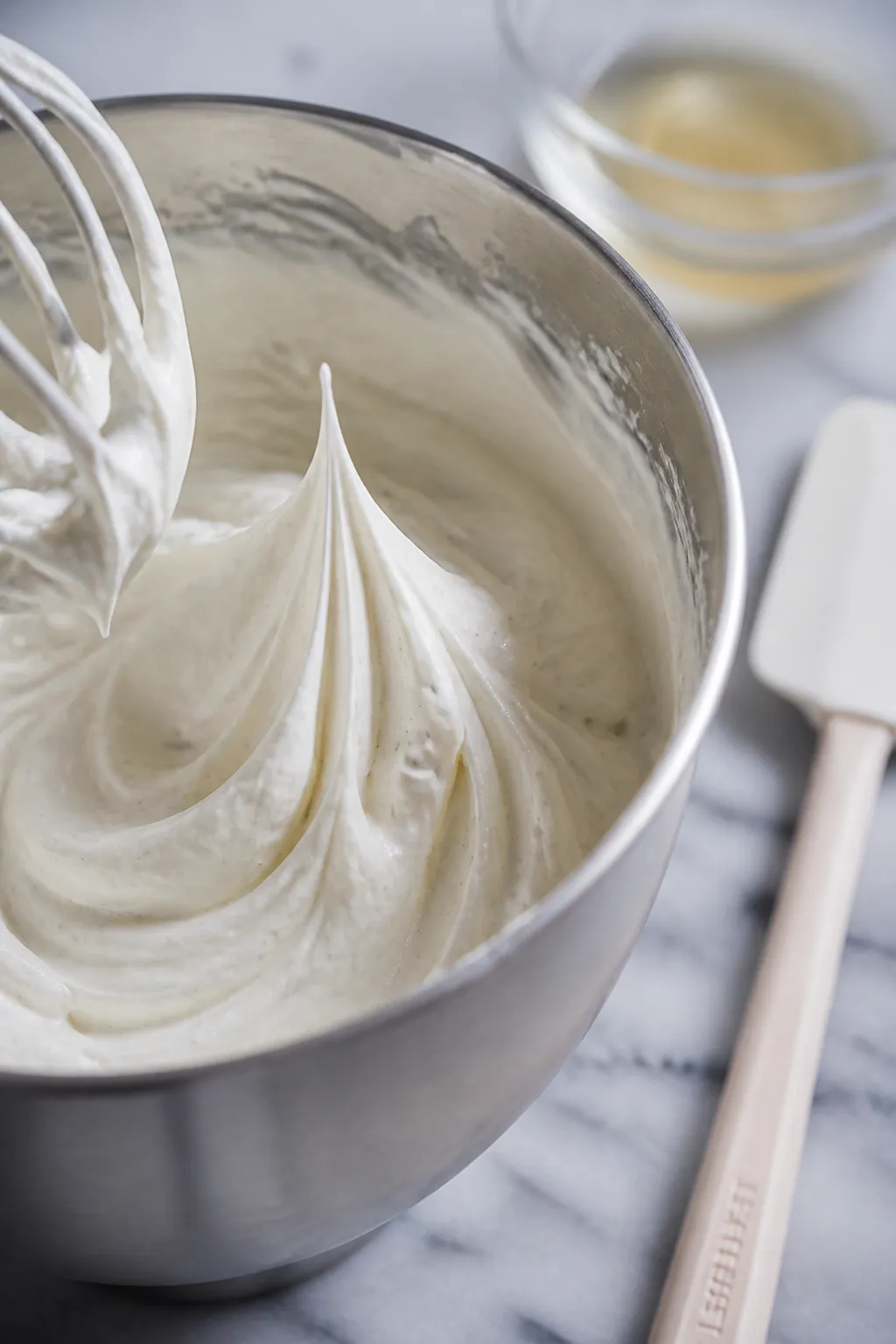 Close-up detail/process shot: A chilled stainless-steel mixer bowl with whipped cream frosting just