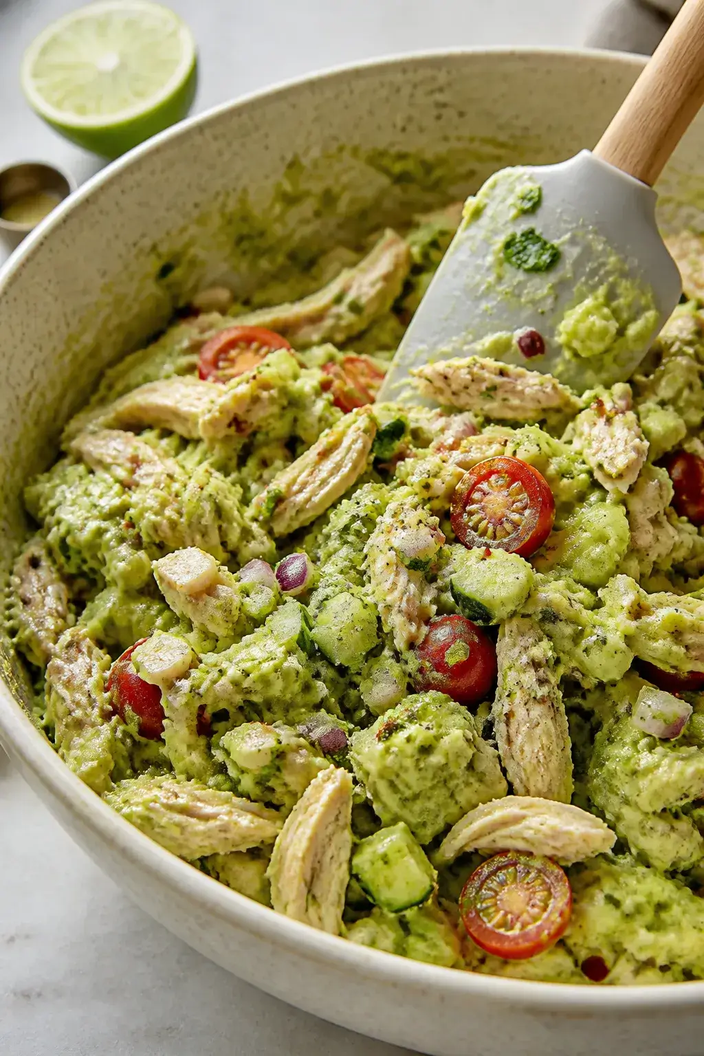 Close-up detail/process shot: A large ceramic mixing bowl filled with creamy, mashed avocado base be