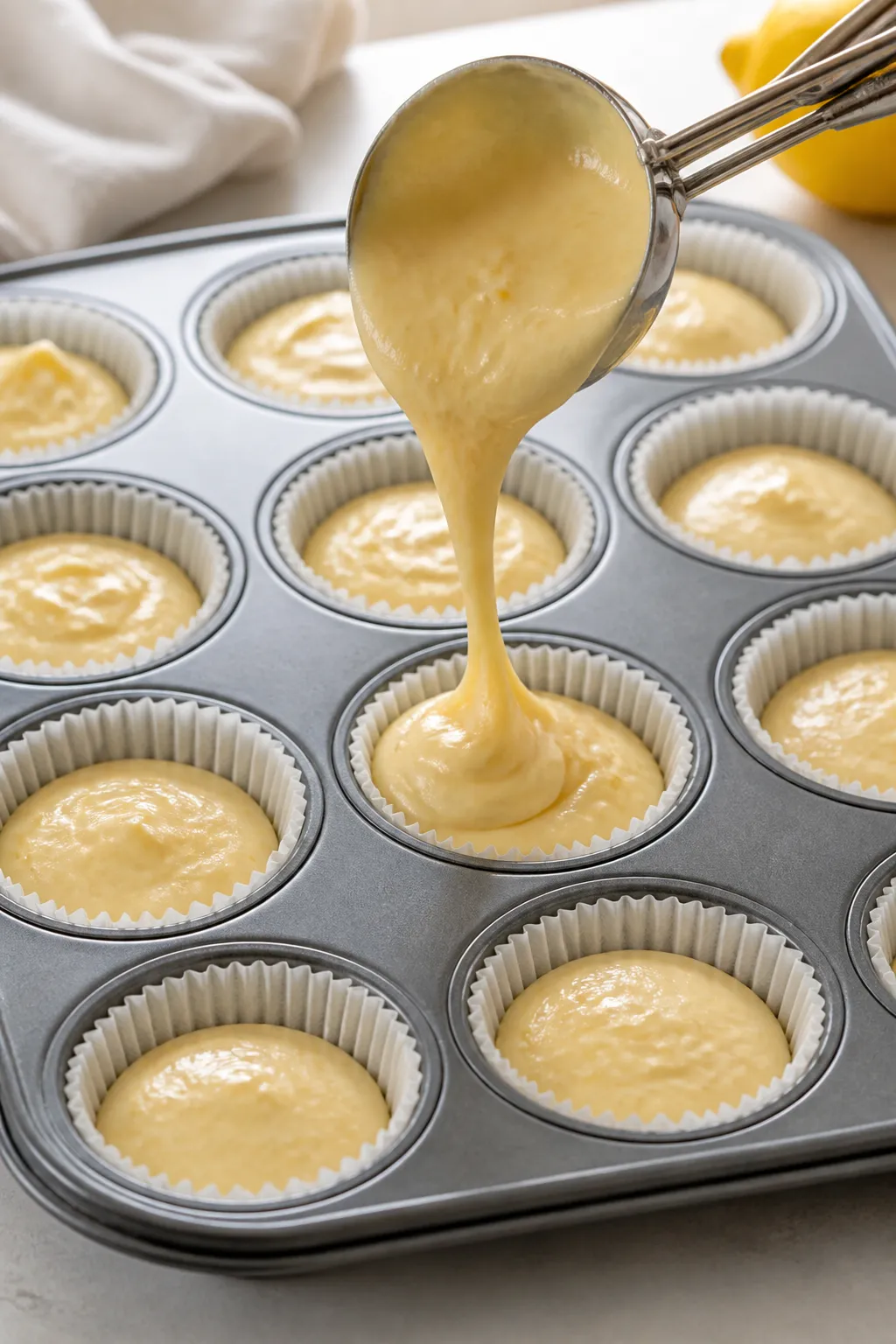 Close-up detail, process shot: Lemon cupcake batter being portioned into a lined muffin pan, each we