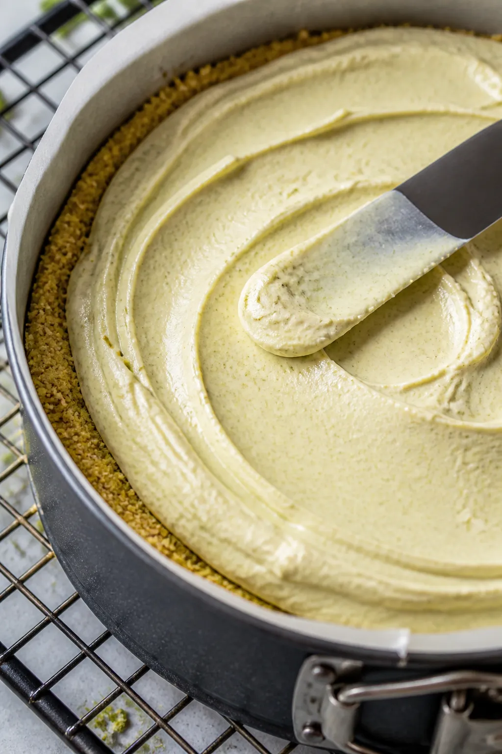 Close-up detail/process shot: No-bake pistachio cheesecake filling being smoothed into a chilled alm