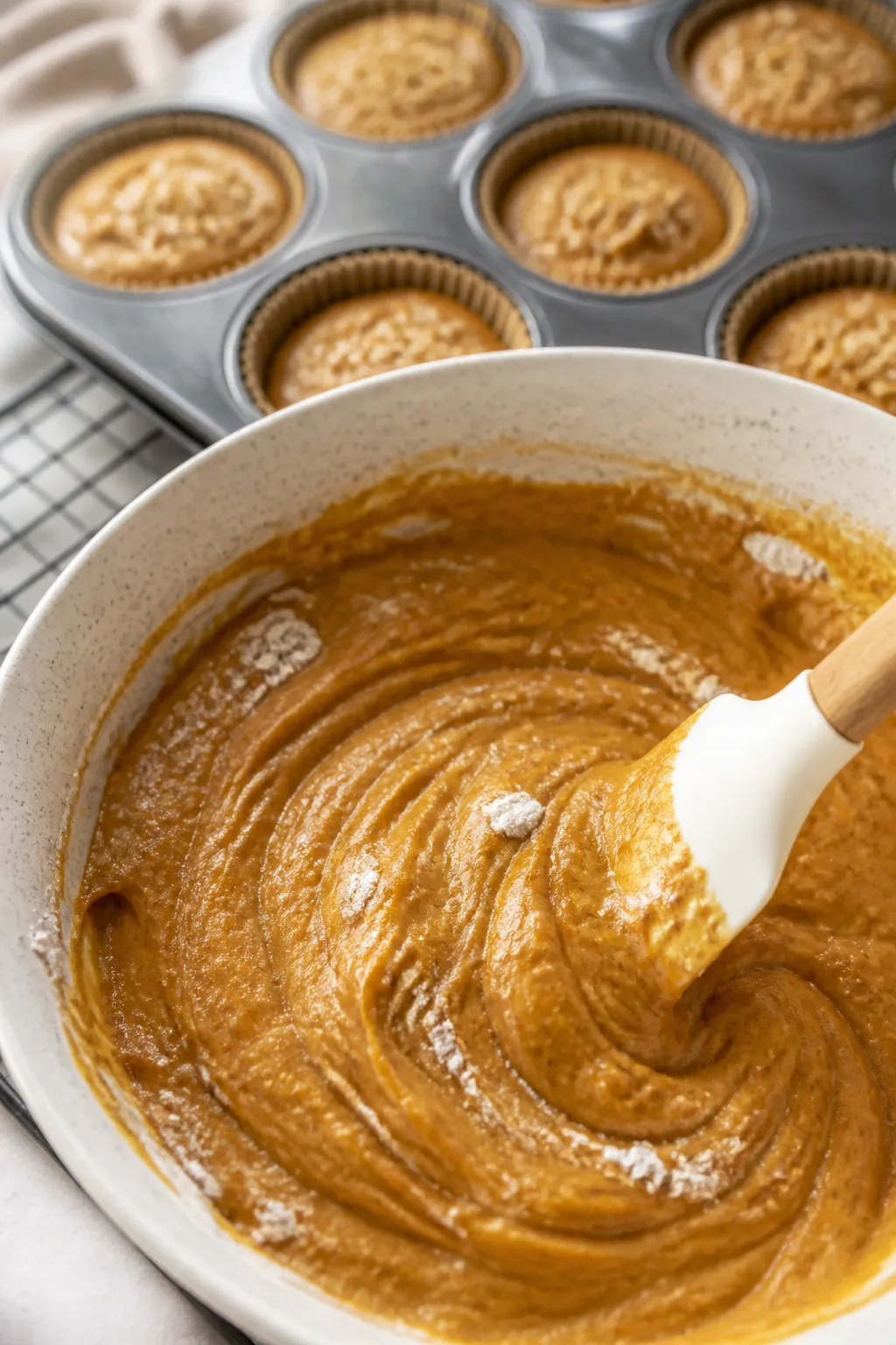 Close-up detail/process shot: Pumpkin muffin batter being gently folded in a large bowl with a silic