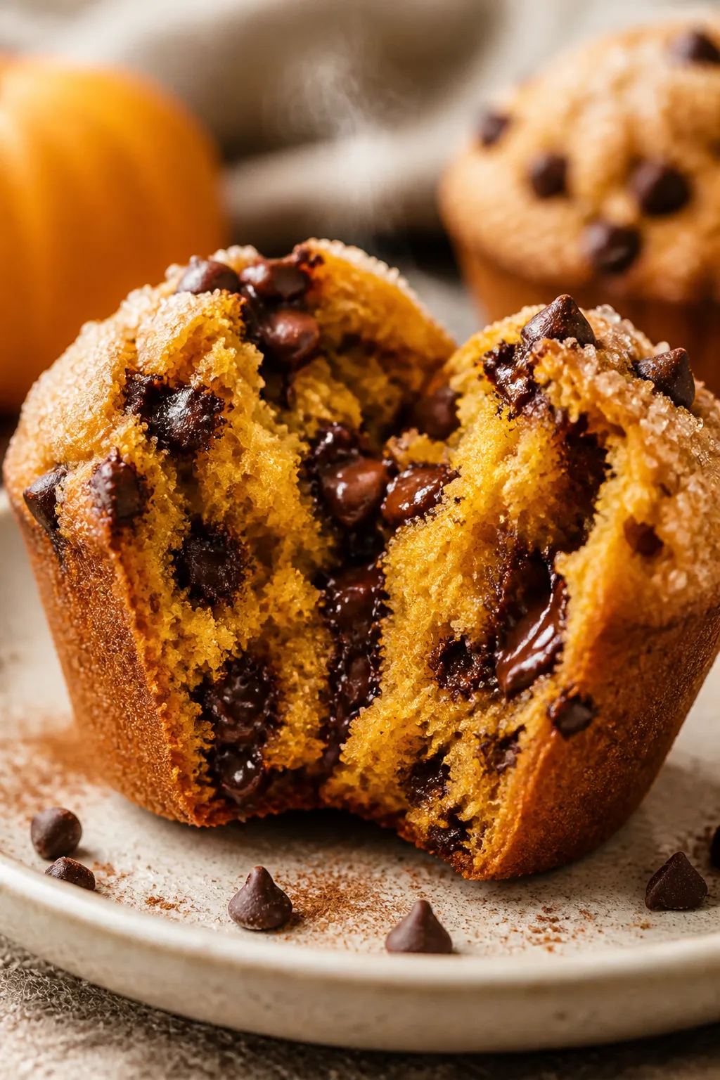 Close-up detail shot: A freshly baked pumpkin chocolate chip muffin torn open to reveal a moist, ten