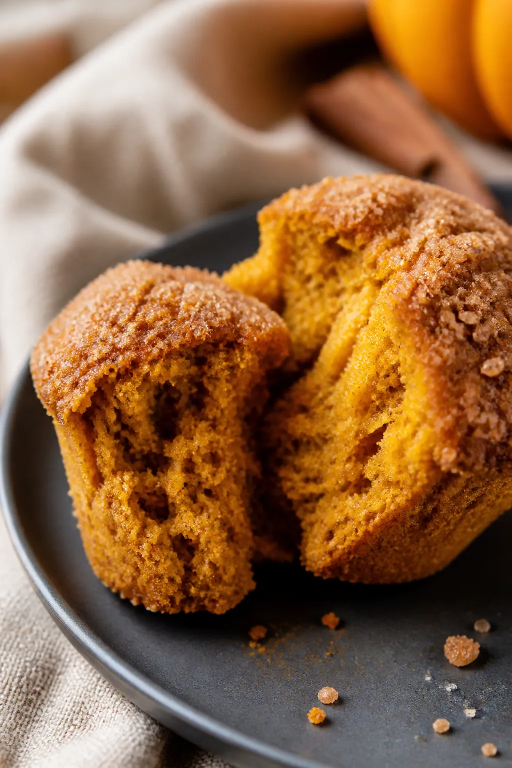 Close-up detail shot: A just-baked pumpkin spice muffin torn open to reveal its ultra-moist, tender