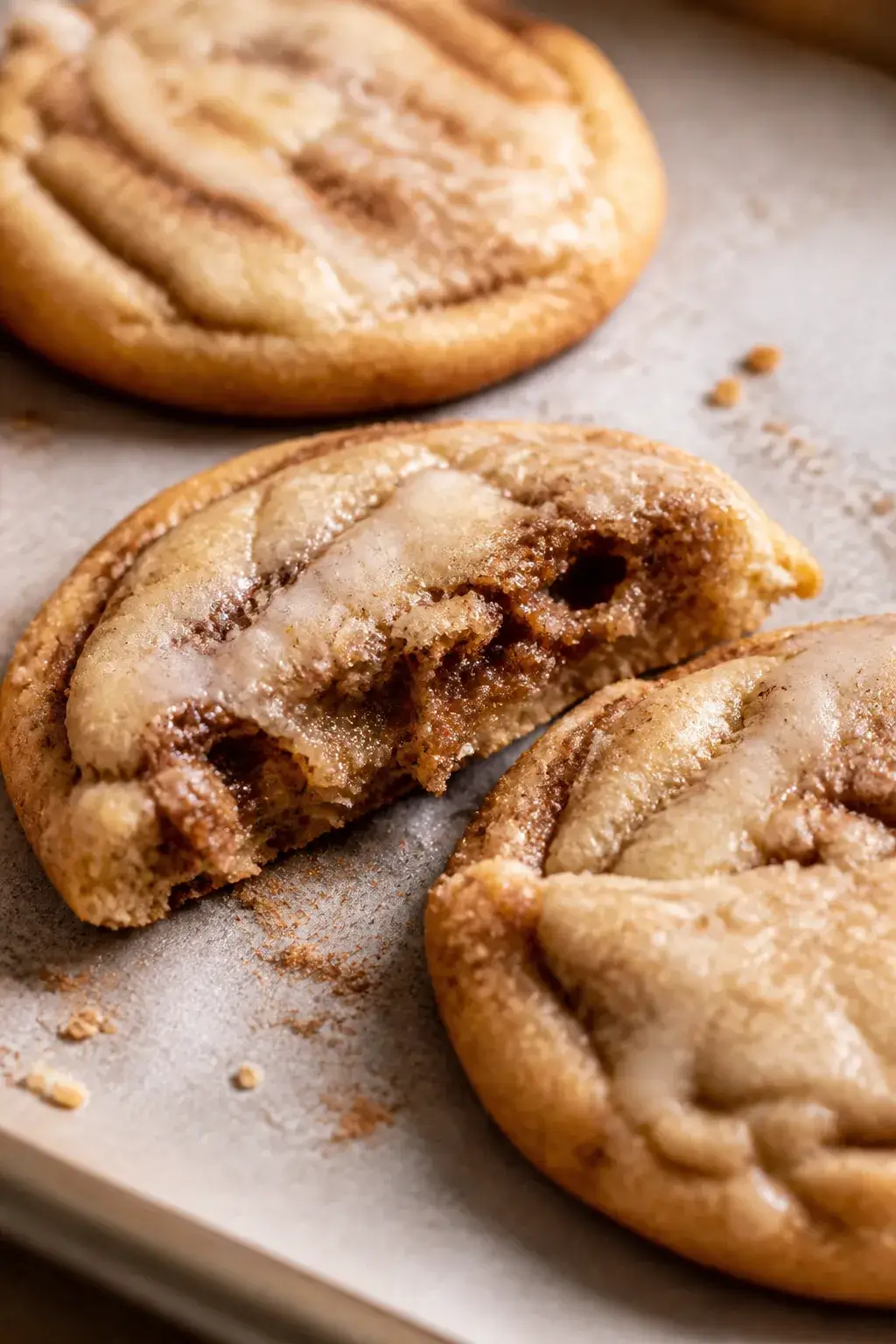 Close-up detail shot of a freshly baked Brown Sugar Pop Tart Cookie on a parchment-lined baking shee