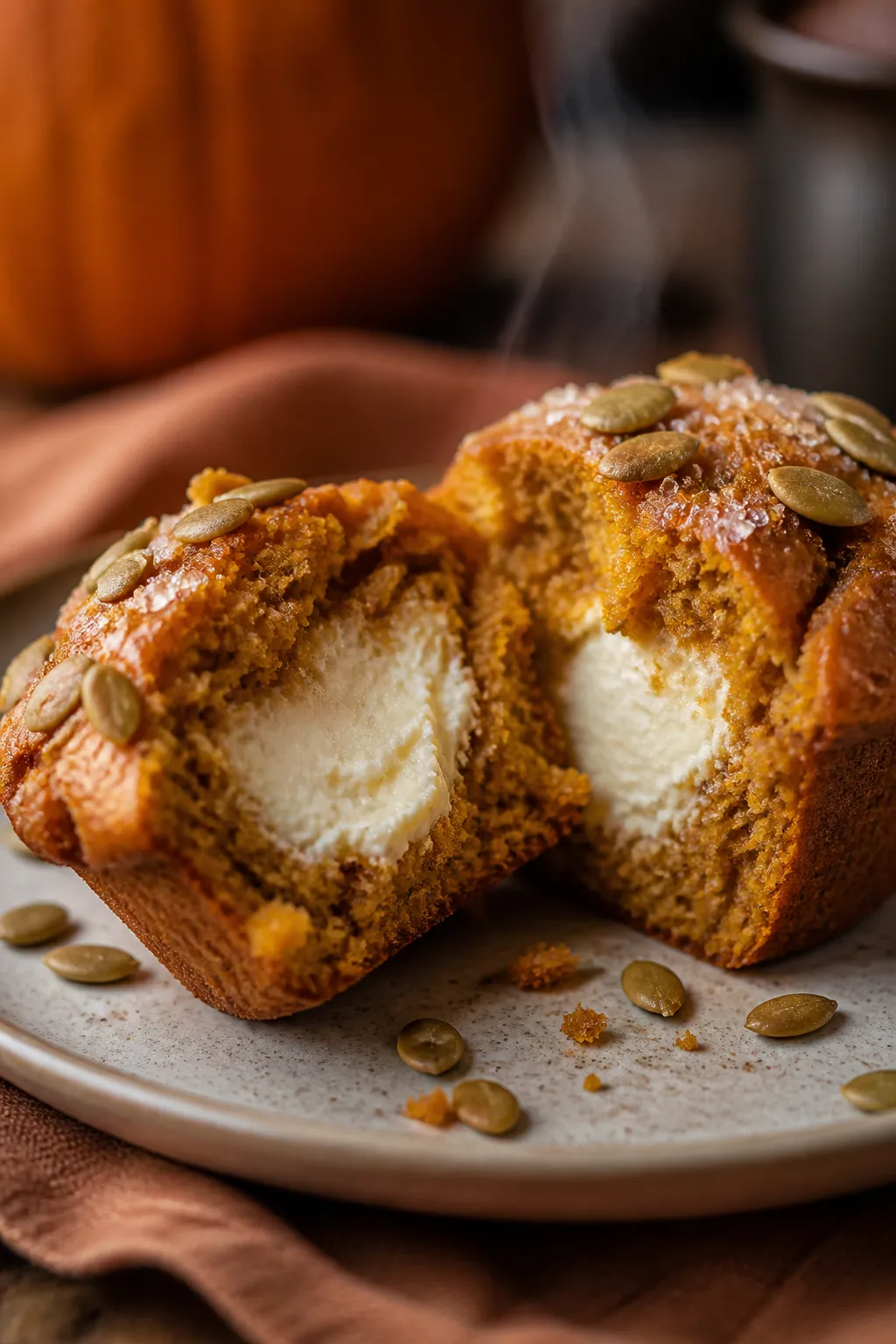 Close-up detail shot of a freshly baked pumpkin cream cheese muffin torn open to reveal the creamy,