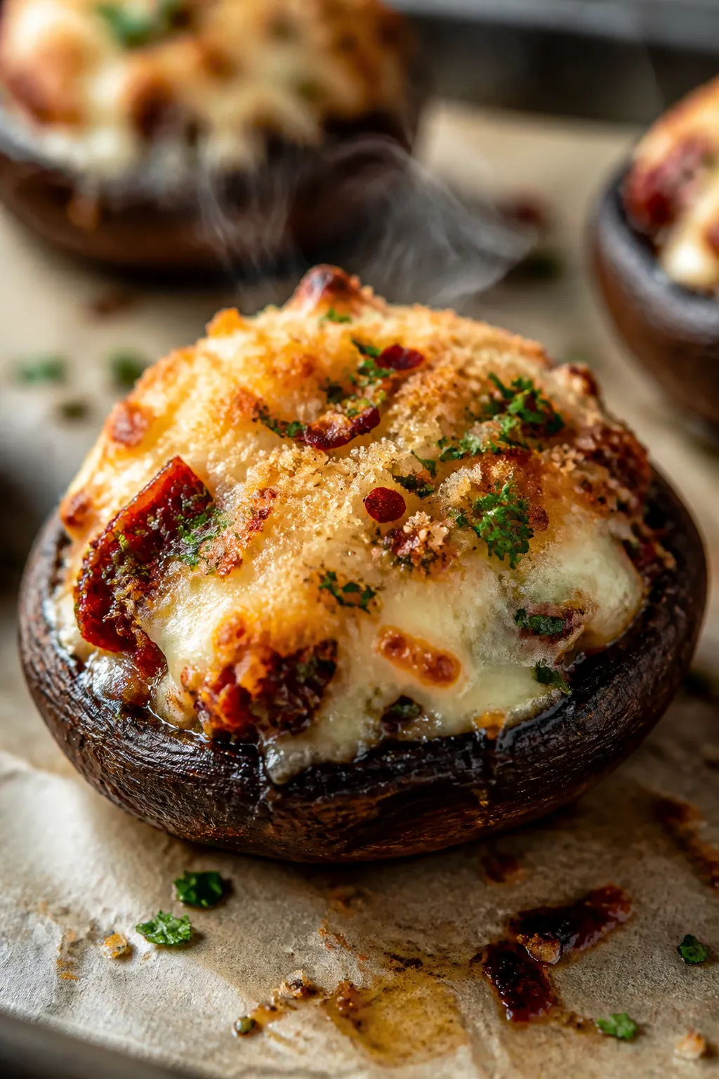 Close-up detail shot of a just-baked stuffed portabella mushroom cap on a parchment-lined sheet pan,