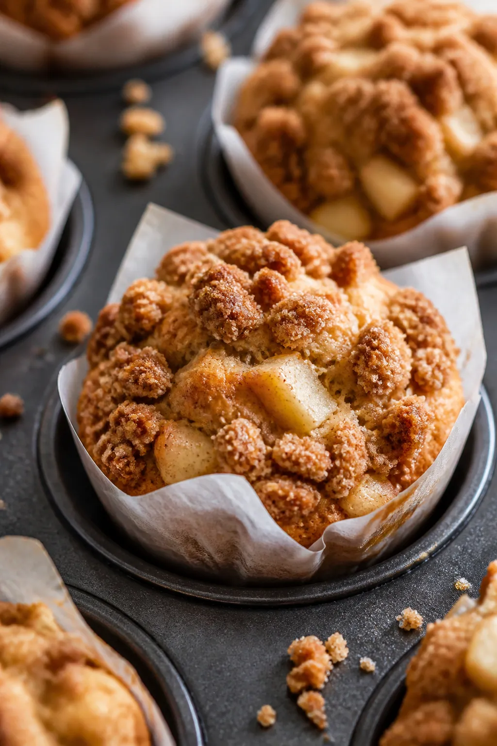 Close-up detail shot of freshly baked apple crumb muffins just out of the tin, focus on the golden, 