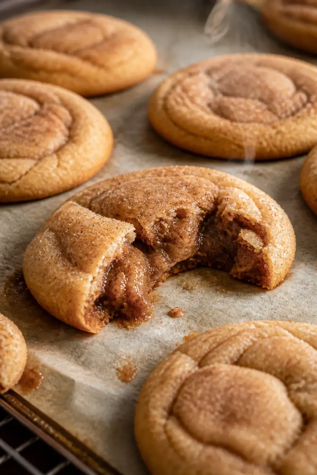 Close-up detail shot of freshly baked Brown Sugar Cinnamon Pop Tart Cookies on a parchment-lined bak