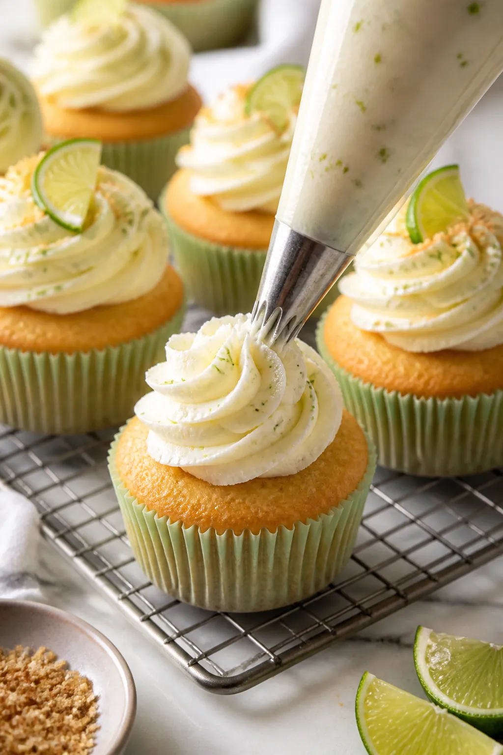 Close-up detail shot of freshly baked key lime cupcakes being frosted: a swirl of creamy key lime bu
