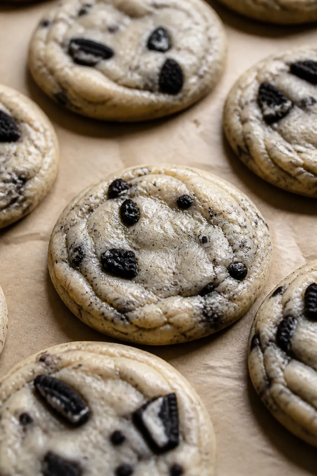 Close-up detail shot of freshly baked Oreo cheesecake cookies cooling on a parchment-lined sheet, ed