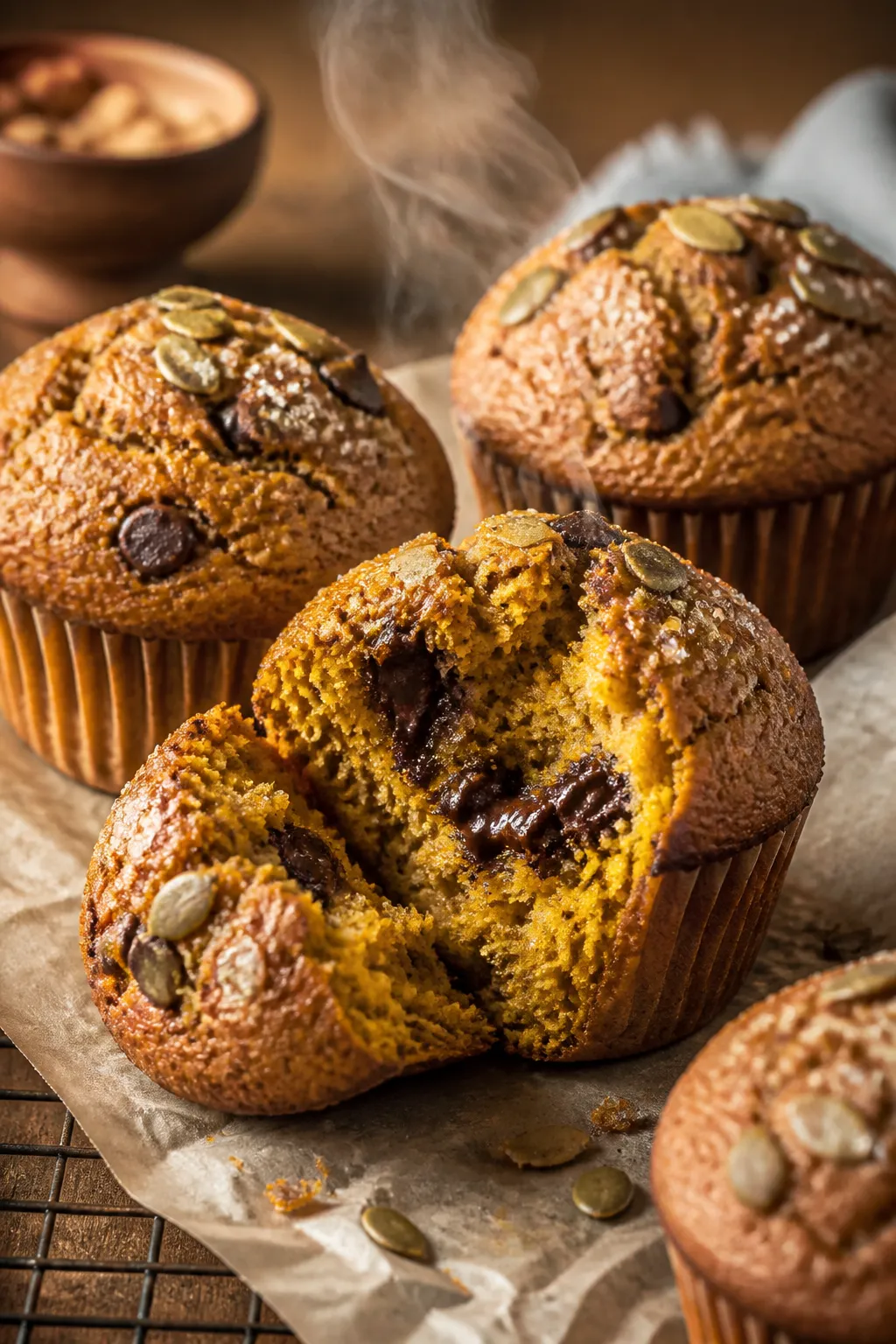 Close-up detail shot of freshly baked pumpkin muffins just out of the tin, domed tops with crackly c