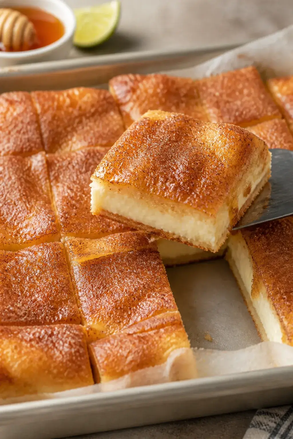 Close-up detail shot of freshly baked sopapilla cheesecake bars just out of the oven, top layer glis