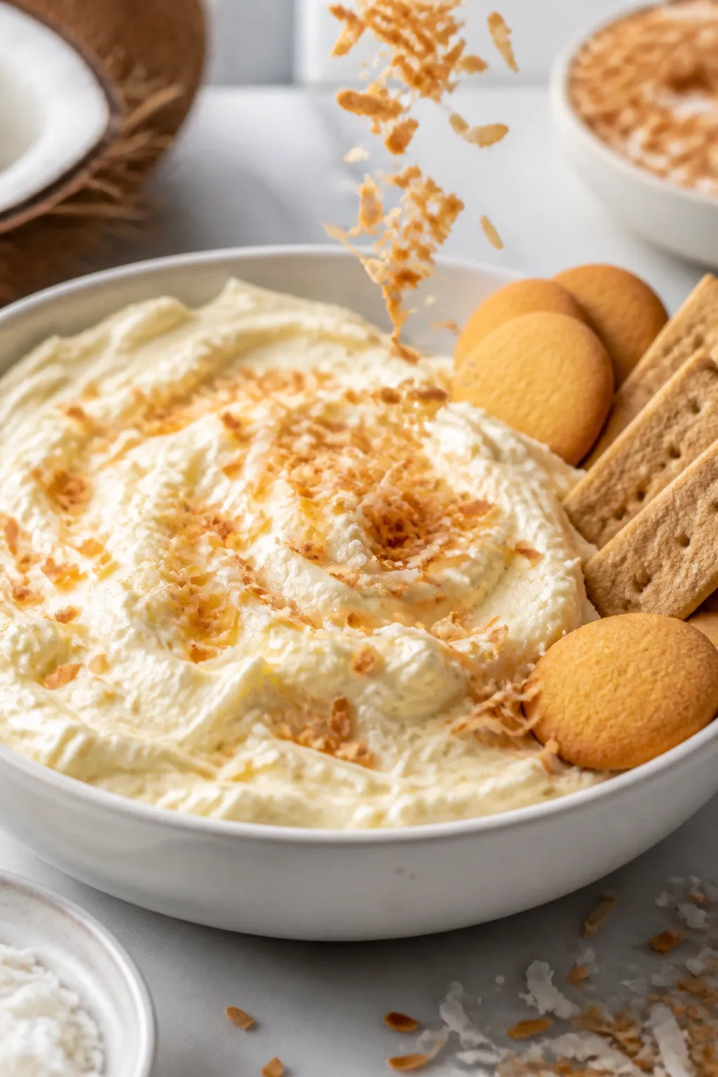 Close-up detail shot of the finished Coconut Cream Pie Dip being garnished: the creamy, silky dip sw