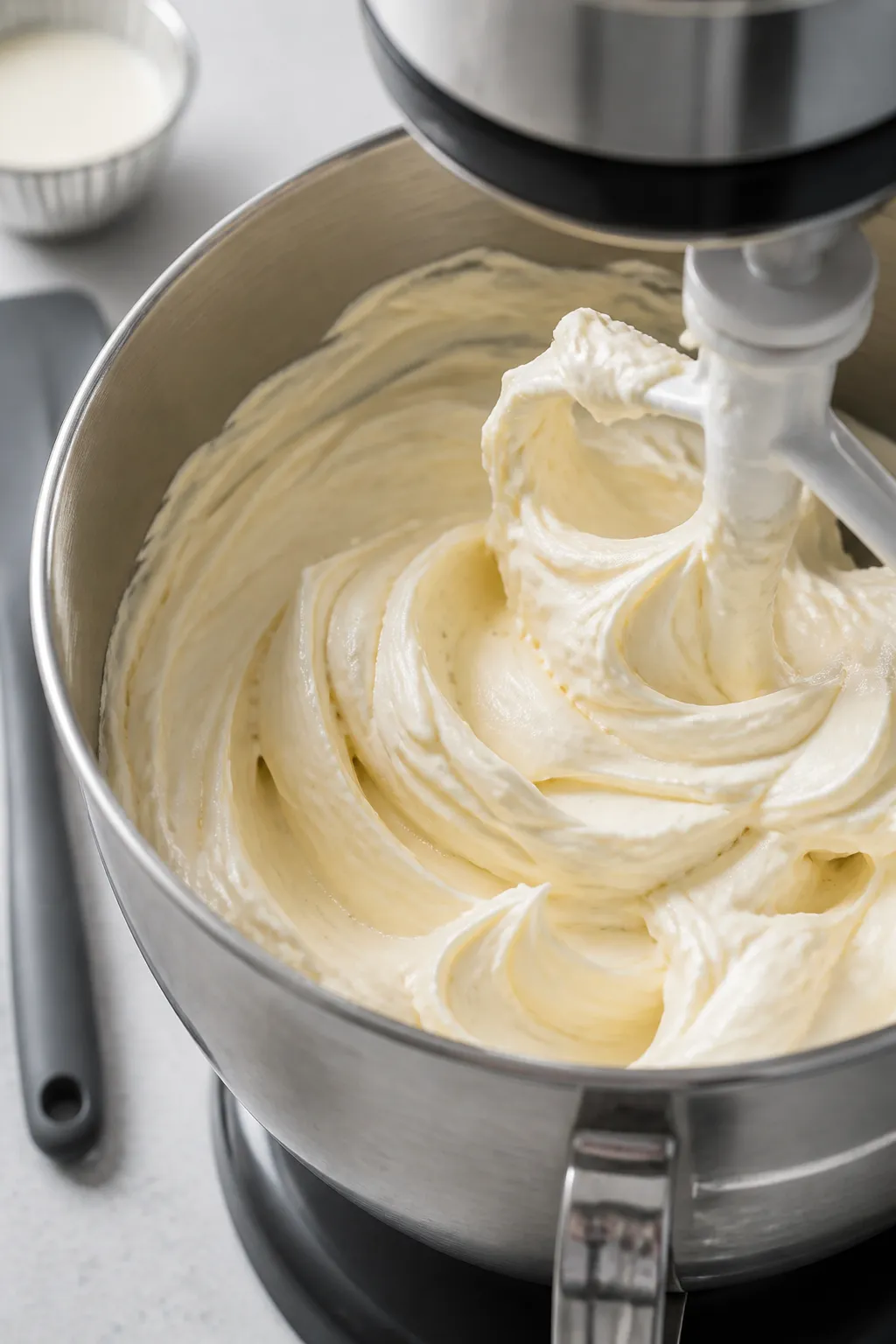 Close-up detail: Silky American buttercream mid-whip in a stand mixer bowl using the paddle attachme