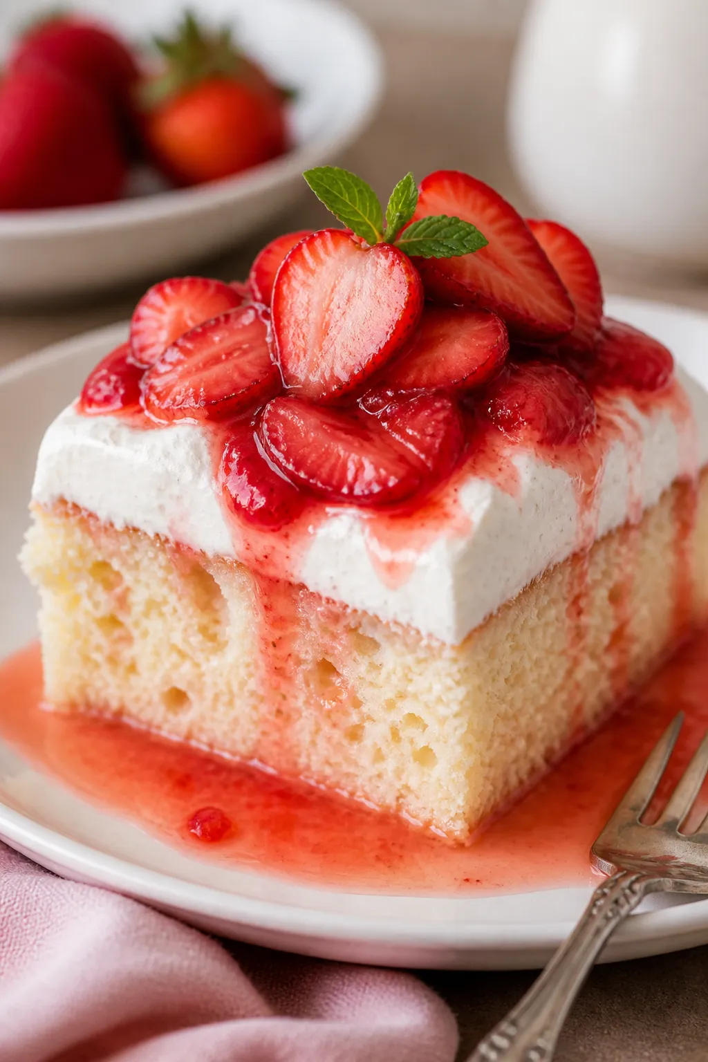 Close-up final presentation: a square slice of strawberry tres leches cake on a matte white dessert