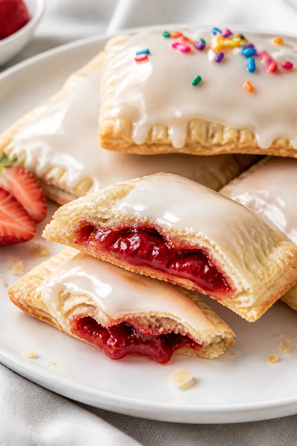 Close-up final presentation of glazed gluten free strawberry pop tarts on a matte white plate, thick