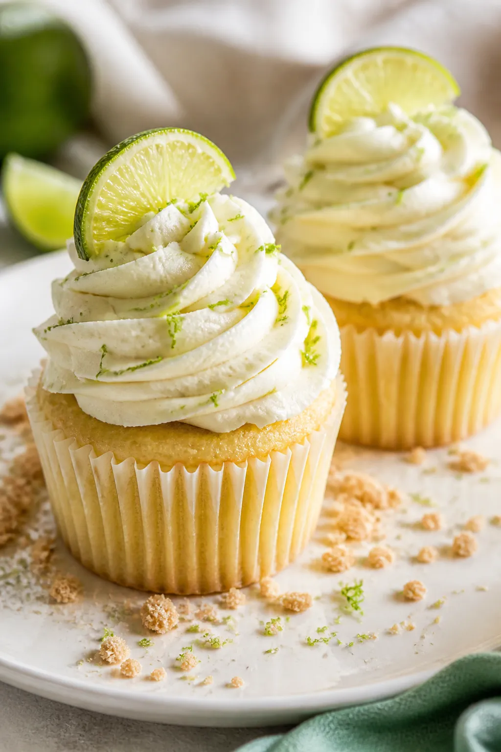 Close-up final presentation of two key lime cupcakes on a matte white dessert plate, generously swir