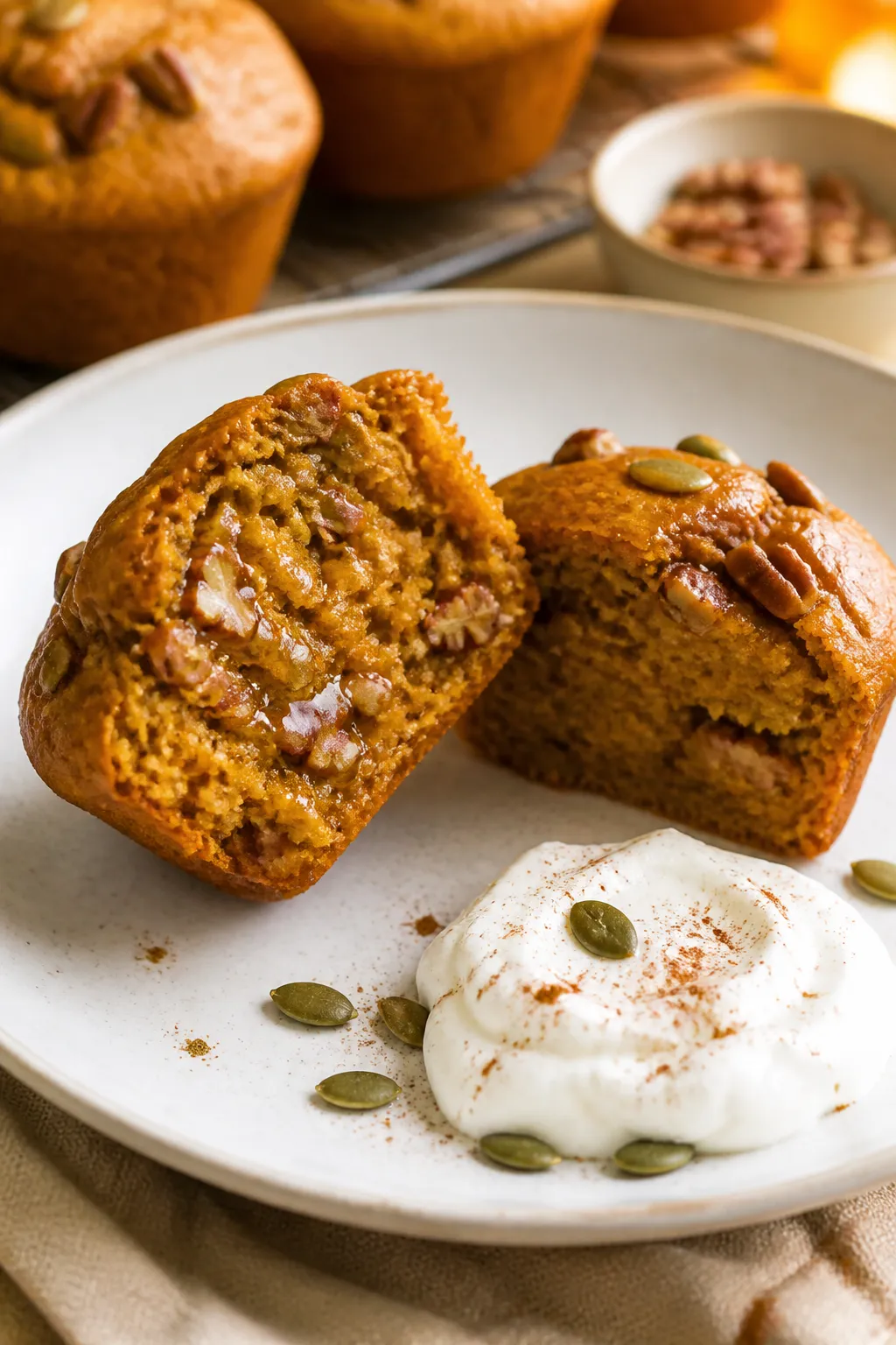 Close-up hero plate of two split pumpkin protein muffins on a matte white plate, one muffin halved t