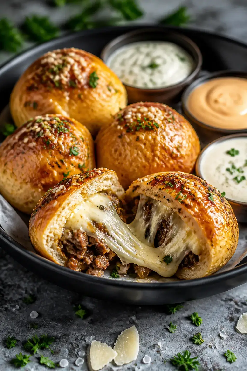 Close-up plated presentation of Garlic Parmesan Cheeseburger Bombs arranged in a shallow matte-black