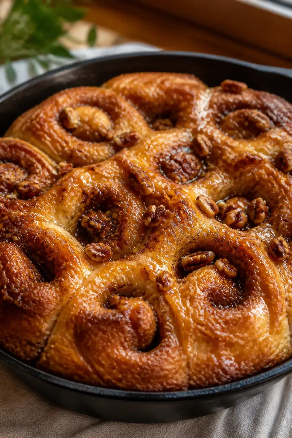Close-up process shot: Cinnamon roll focaccia just out of the oven in a large cast-iron skillet, sho