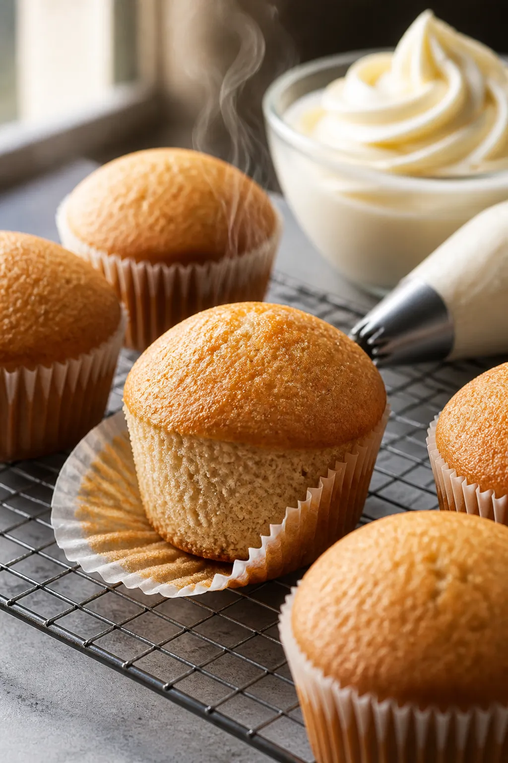Close-up process shot: freshly baked root beer float cupcakes cooling on a wire rack, golden domed t