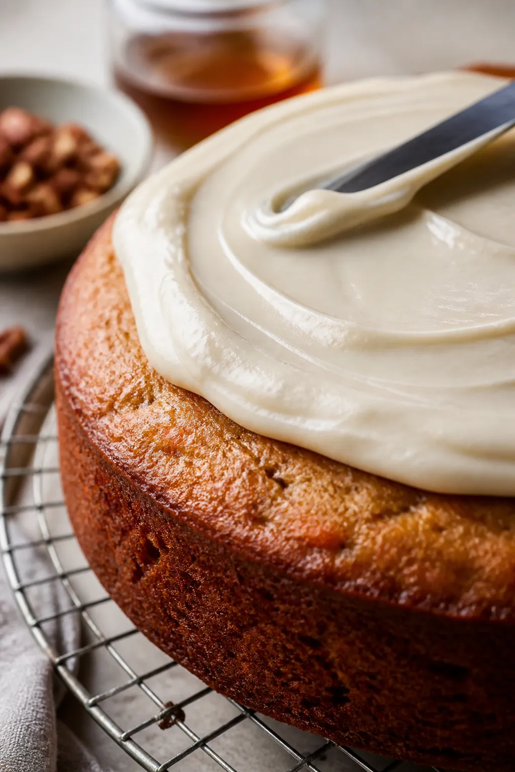 Close-up process shot of the baked carrot cake just out of the pan on a wire rack, surface slightly