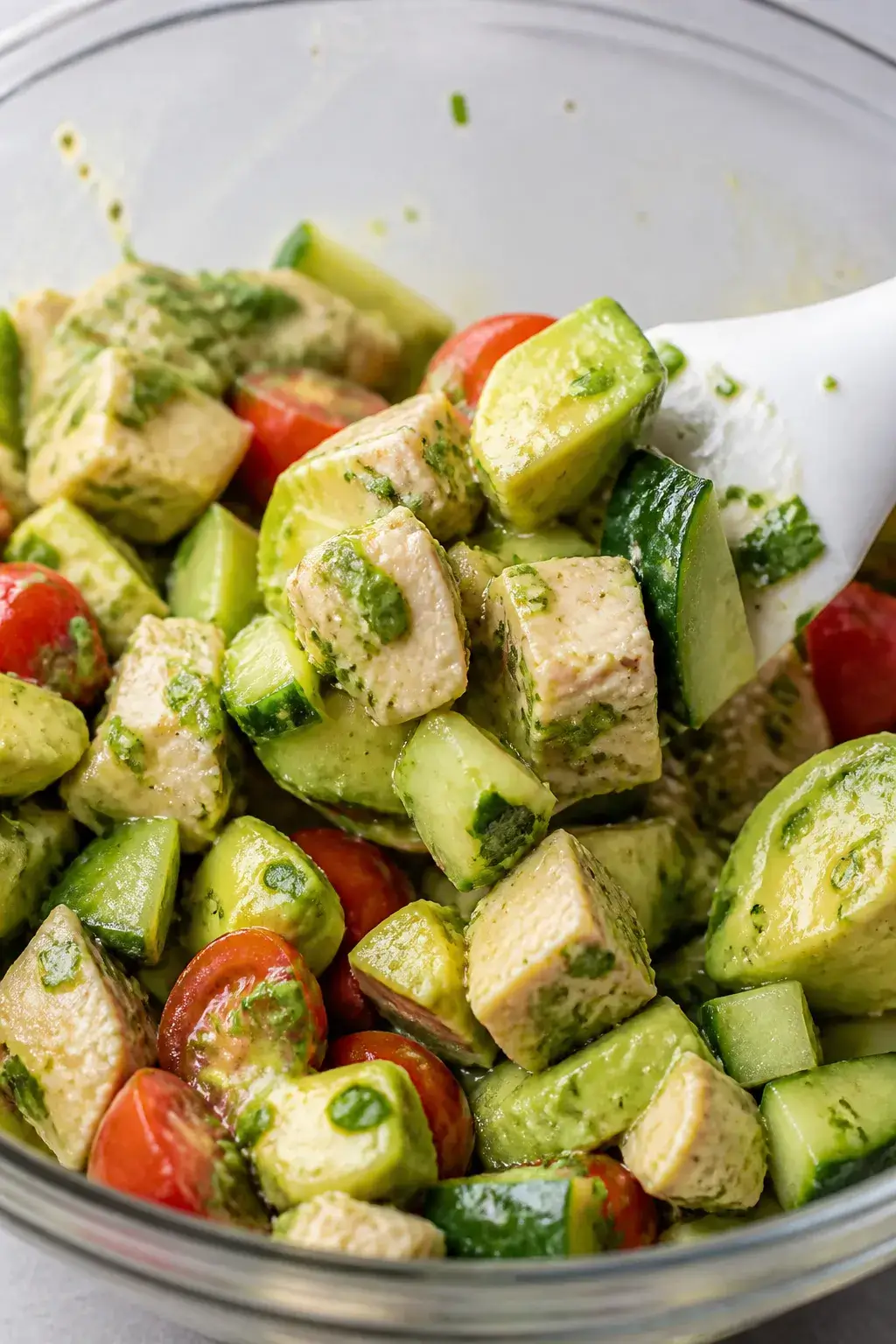Close-up process shot of the salad being gently combined in a large glass bowl: tender diced chicken