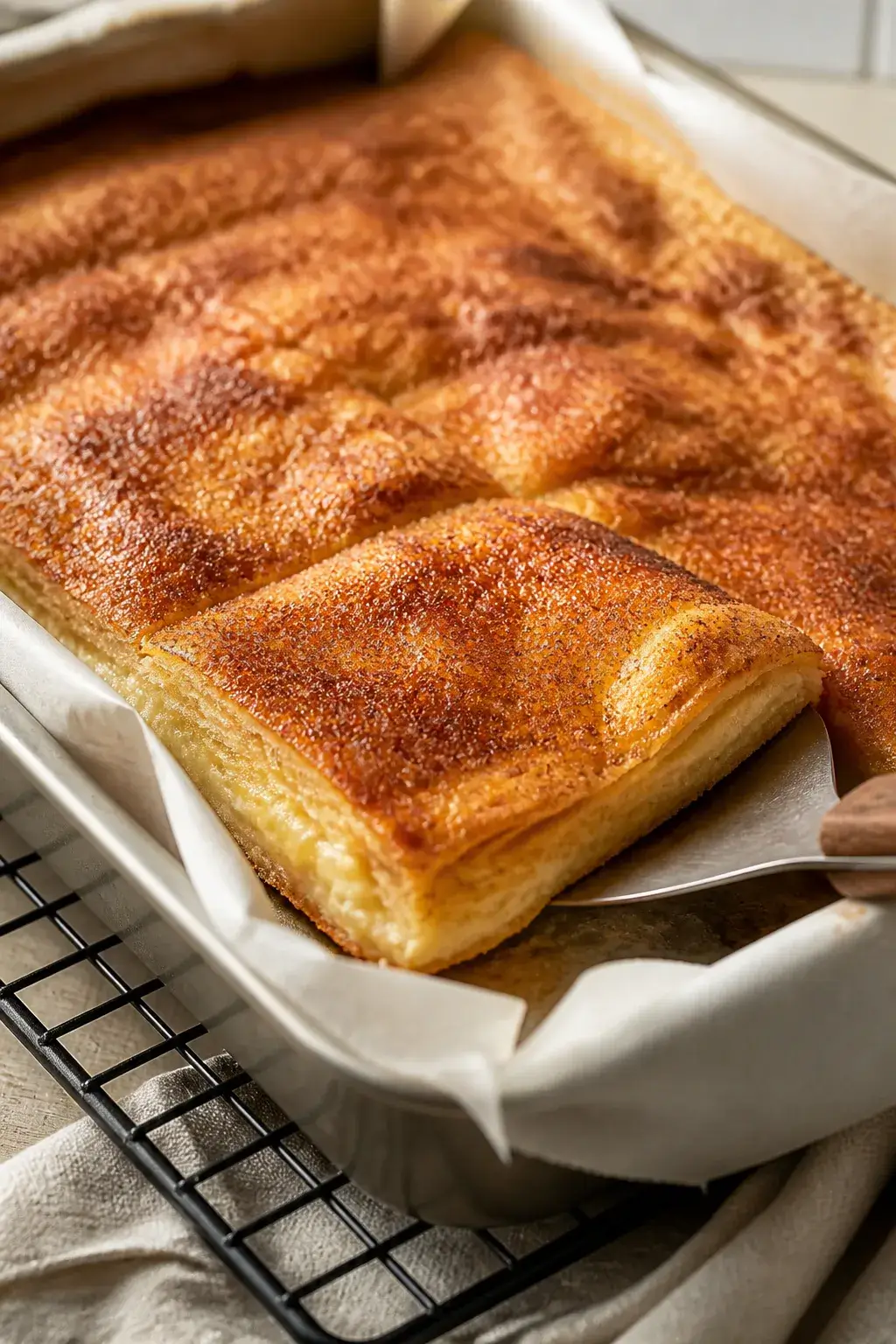 Close-up process shot: The sopapilla cheesecake just out of the oven in a 9x13 pan, golden top crust