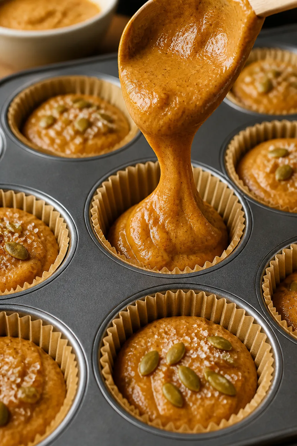 Close-up process shot: Thick, pumpkin-spiced muffin batter being spooned into a lined 12-cup muffin