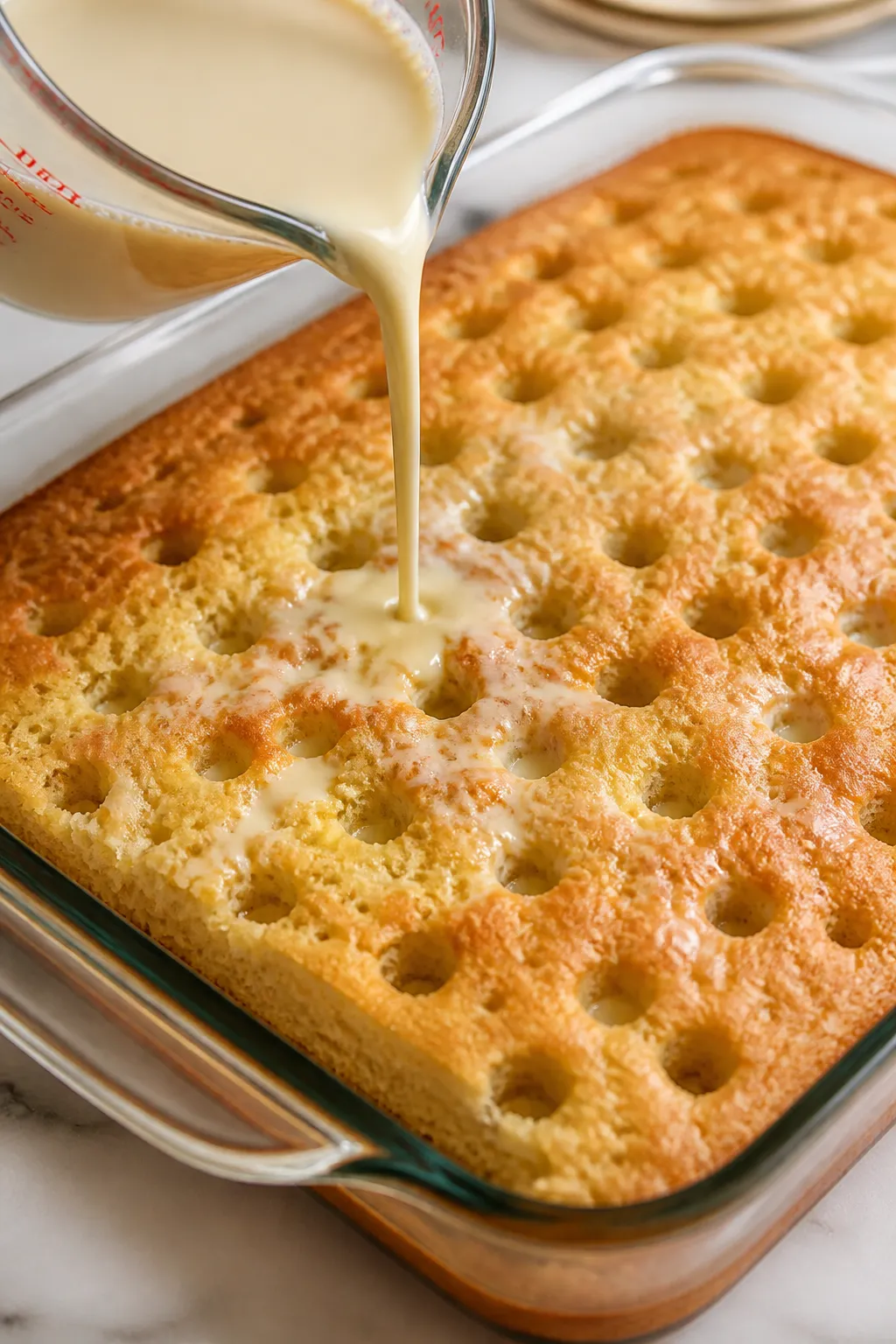 Close-up process shot: Warm, freshly baked 9x13 tres leches cake in a glass pan with straight sides,