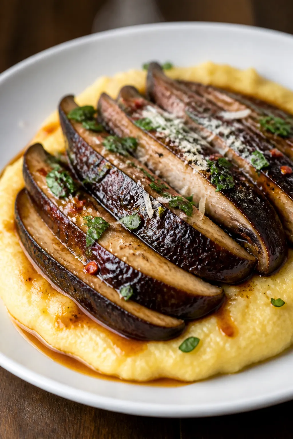 Close-up, shallow depth-of-field plated presentation: sliced baked portobello “steaks” fanned ov