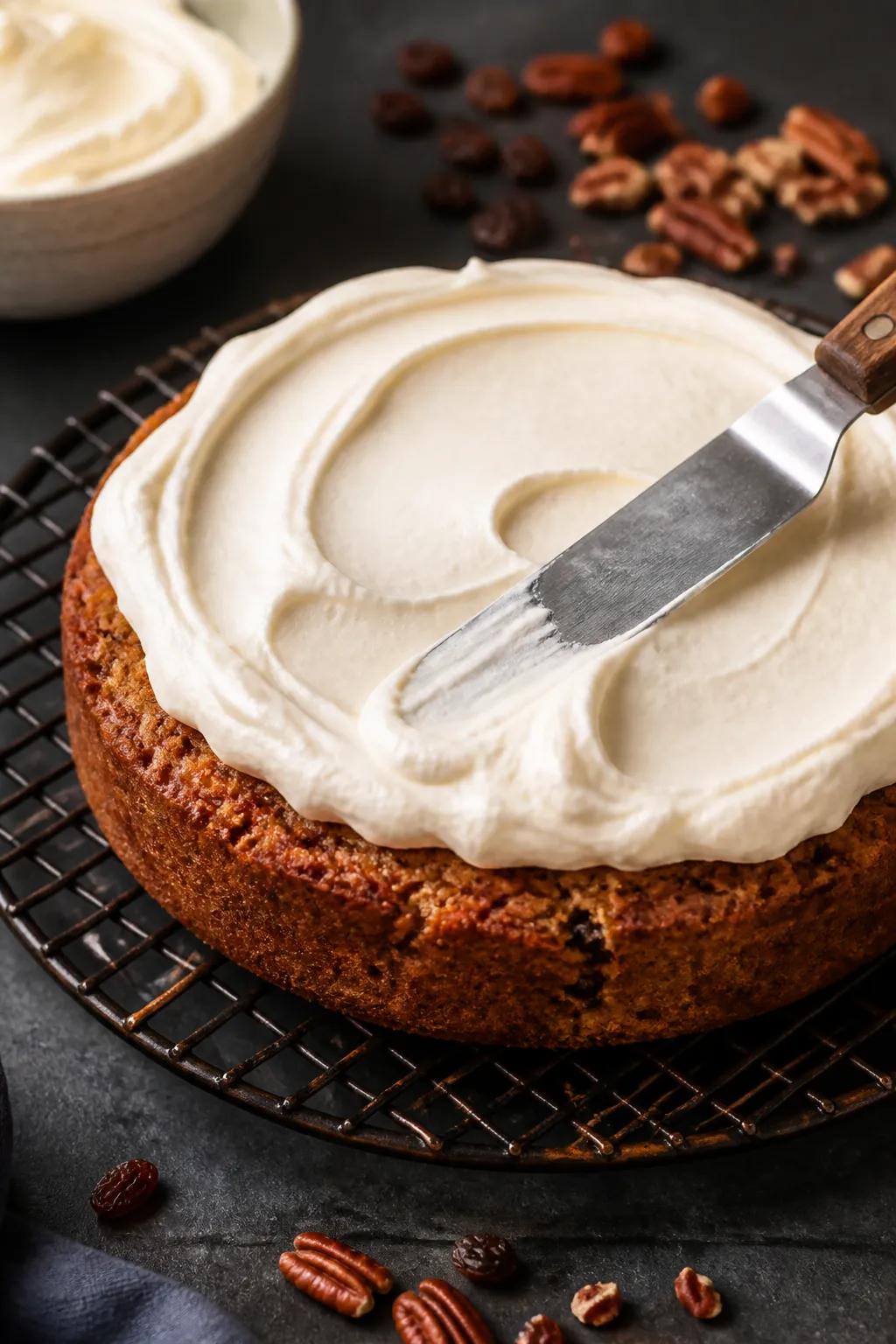 Close-up, shallow-depth-of-field process shot of a single 8-inch cake layer just out of the pan and 