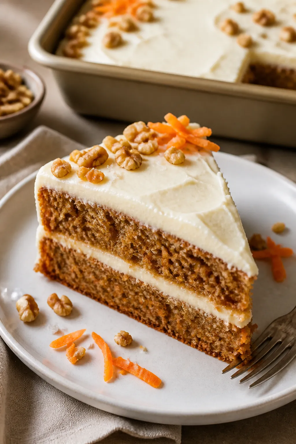 Close-up, slightly angled top-down hero shot of the finished gluten-free carrot cake slice on a matt