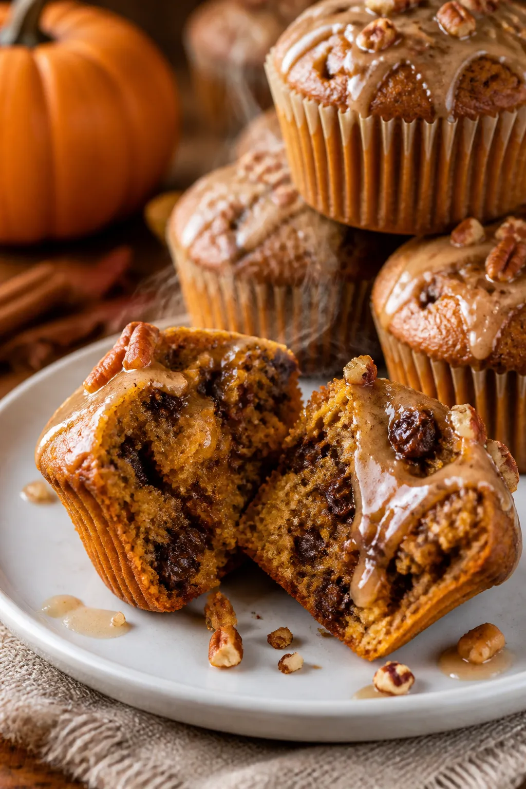 Close-up, three-quarter angle of a plated final presentation: a split-open pumpkin muffin with steam