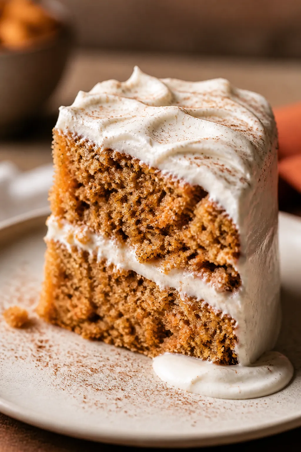 Close-up, three-quarter angle of a single slice of gluten free carrot cake on a matte stoneware plat