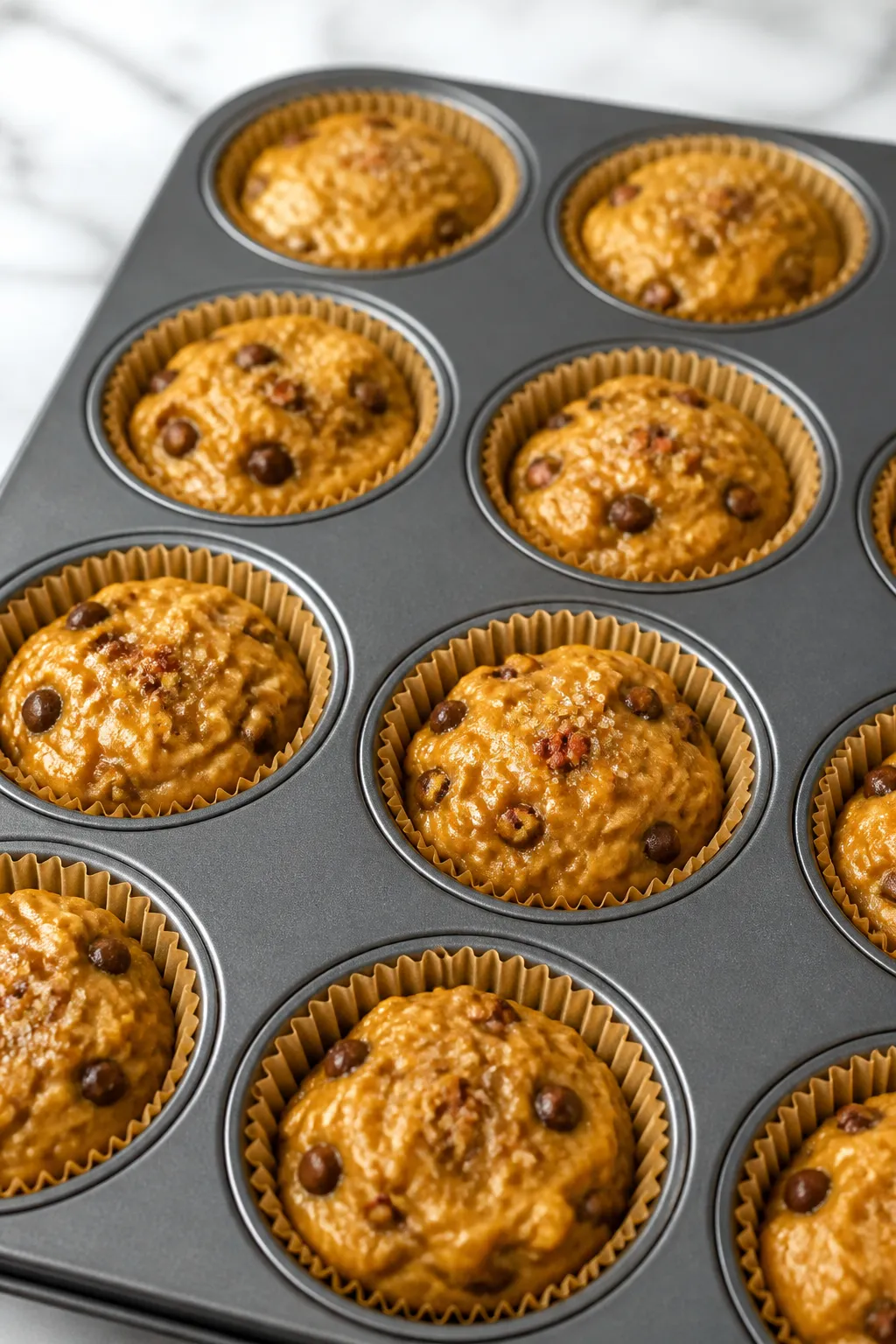 Close-up, three-quarter angle of pumpkin muffin batter being portioned into a lined 12-cup muffin ti