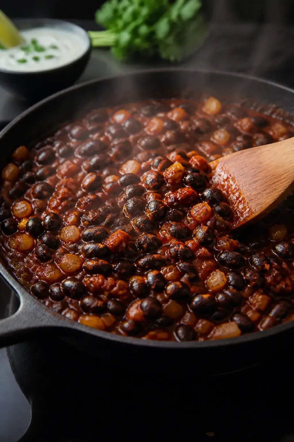 Cooking process close-up: A skillet of saucy taco black beans simmering with diced yellow onions and