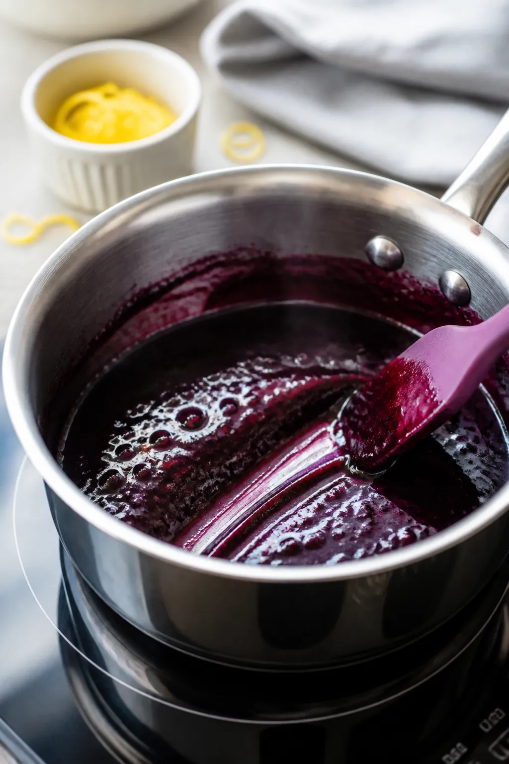Cooking process close-up: A small stainless saucepan on a clean stovetop with a thick, glossy bluebe