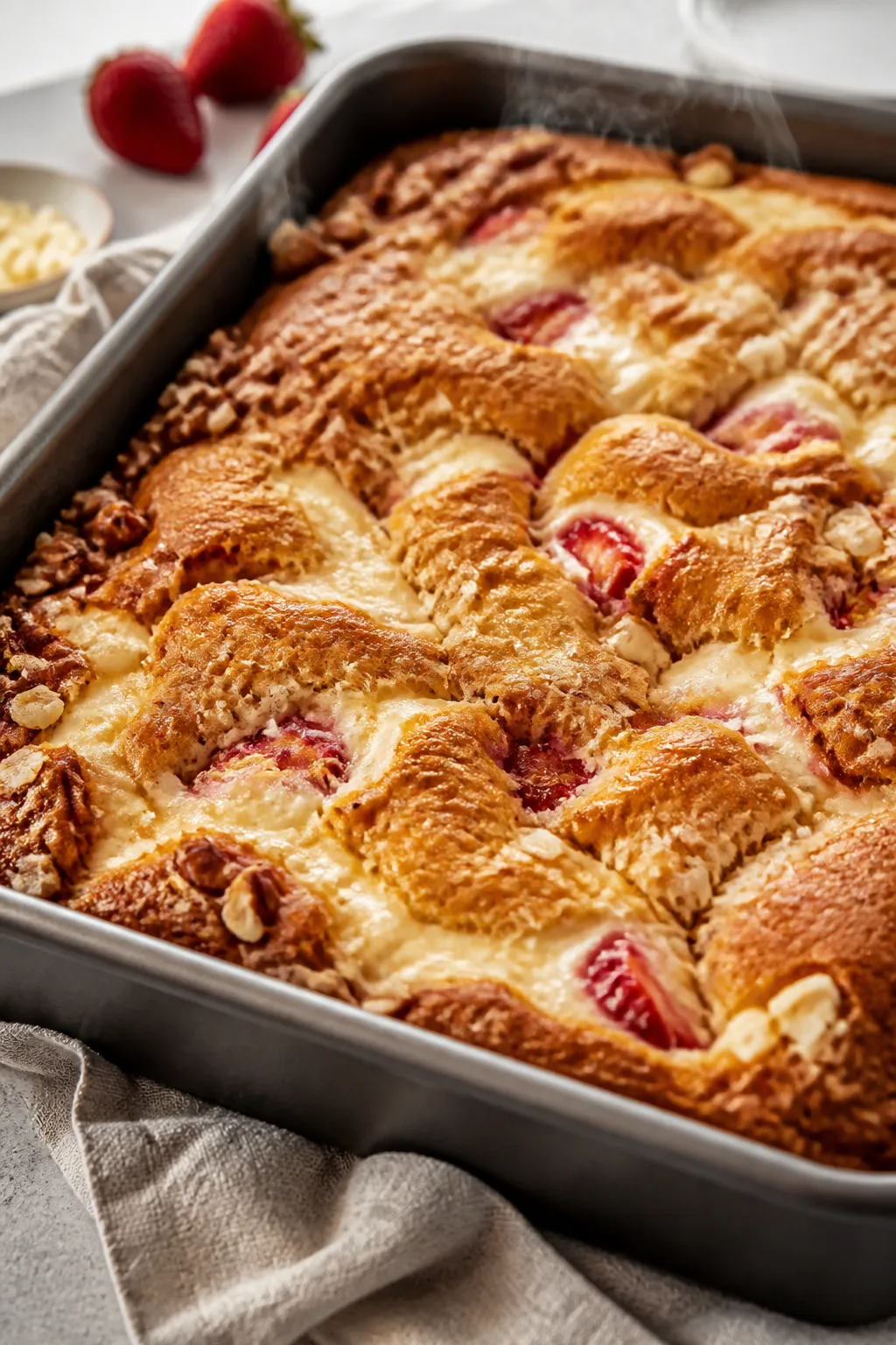 Cooking process, close-up detail: A 9x13 pan of Strawberry Earthquake Cake just pulled from the oven