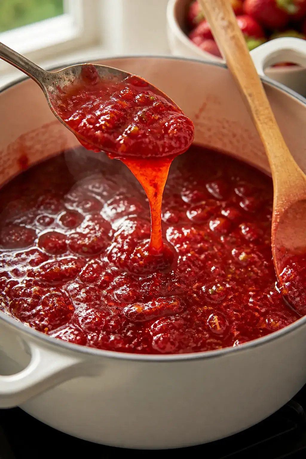 Cooking process, close-up detail: A simmering pot of strawberry jalapeno jam at a gentle bubble, rub