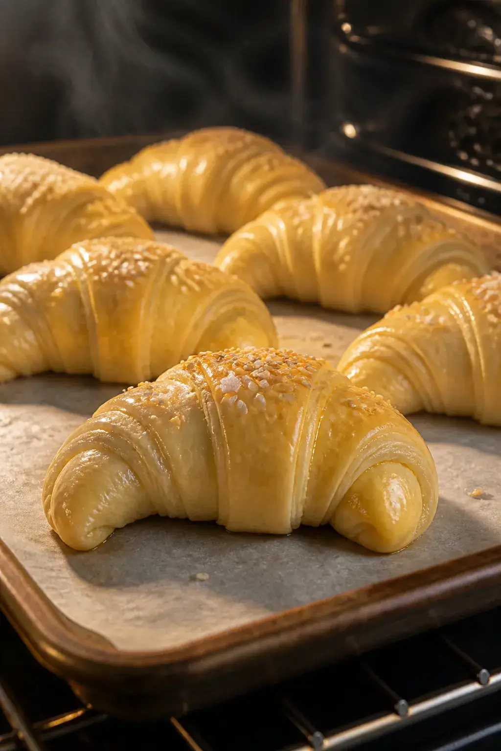 Cooking process, close-up detail: Golden crescent roll wedges mid-rise on a parchment-lined sheet pa