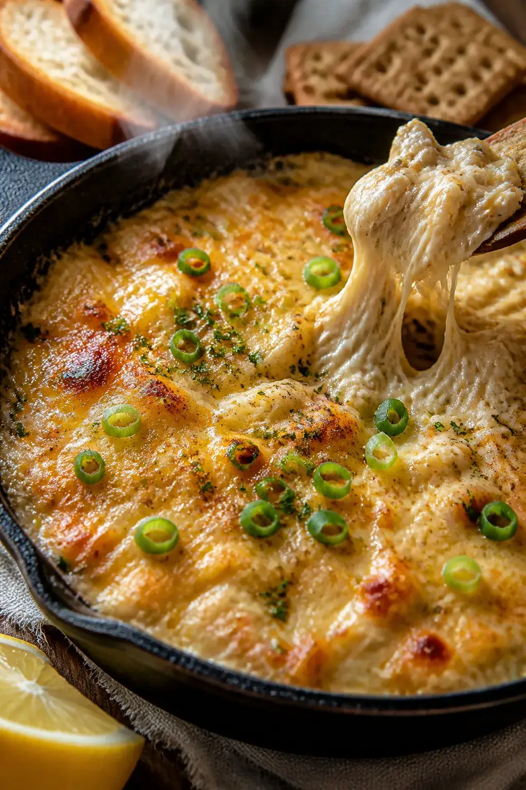 Cooking process close-up: Hot crab dip just out of the oven in a small, oven-safe cast-iron skillet,