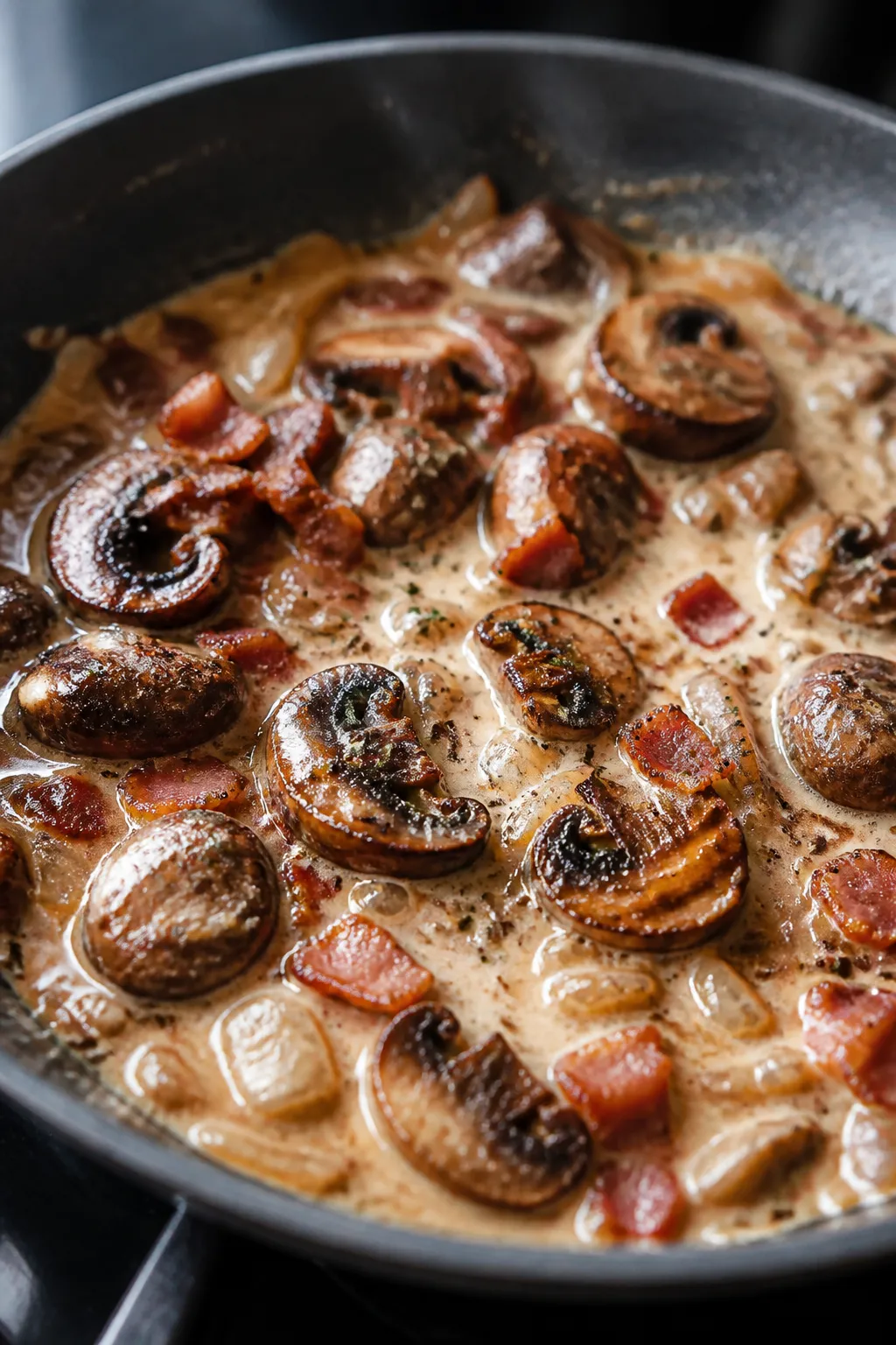 Cooking process close-up: In a wide skillet, golden-crisp bacon bits scattered among deeply browned 