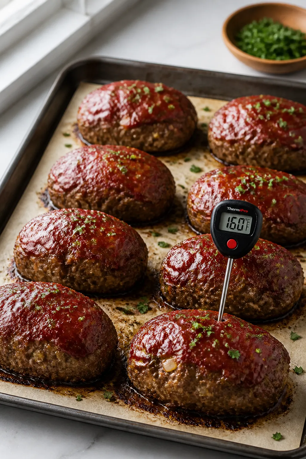 Cooking process close-up: Mini meatloaves on a parchment-lined sheet pan just out of a 400°F oven,