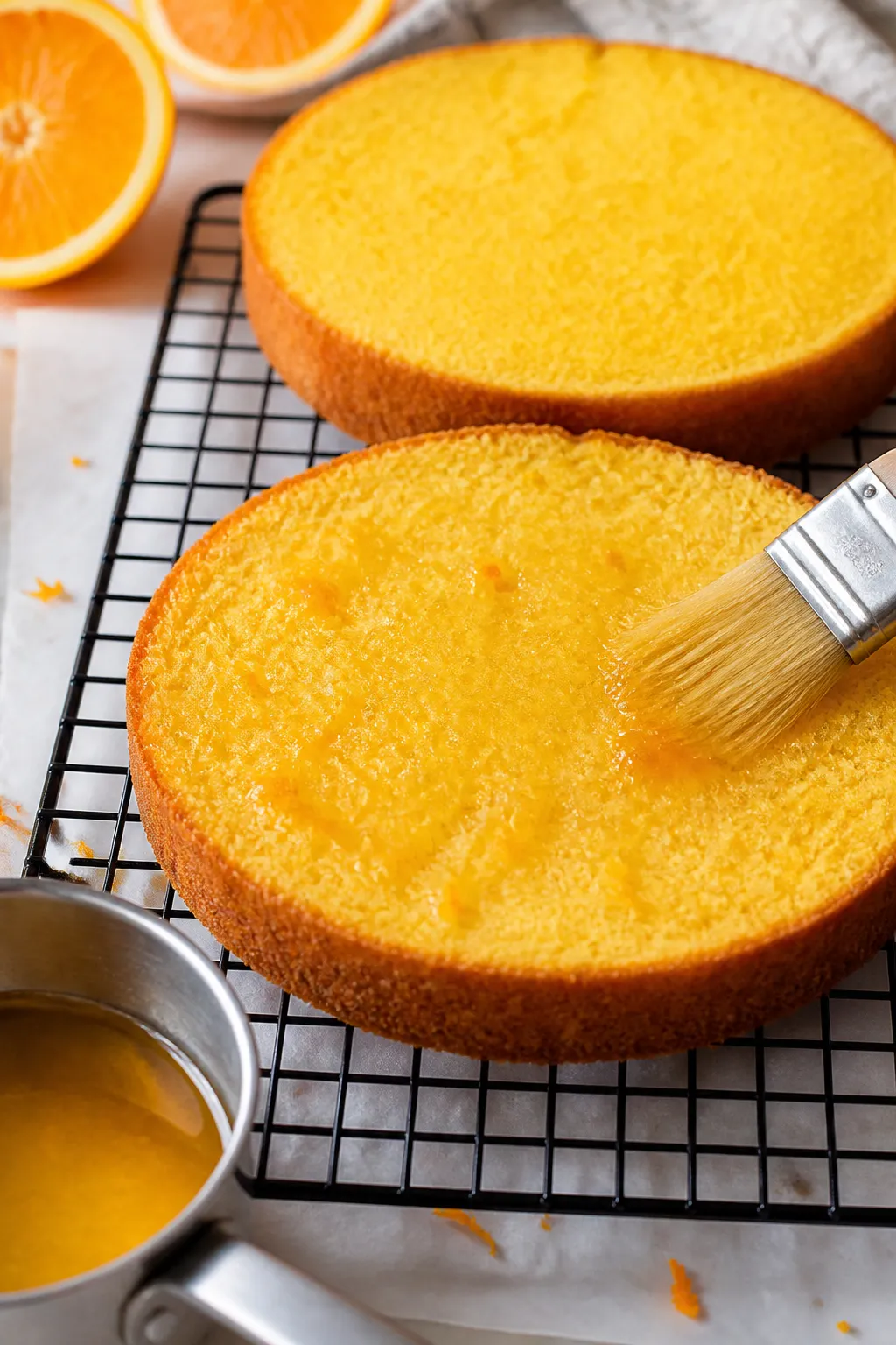 Cooking process: Close-up of freshly baked orange creamsicle cake layers just out of the pans, being