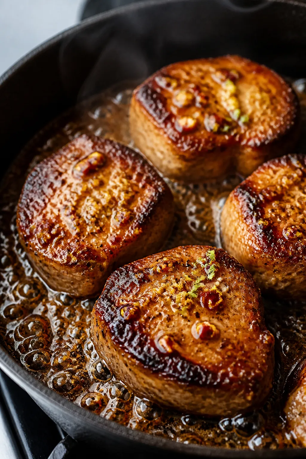 Cooking process, close-up sear: Close-up of caramelized pork medallions sizzling in a dark cast-iron