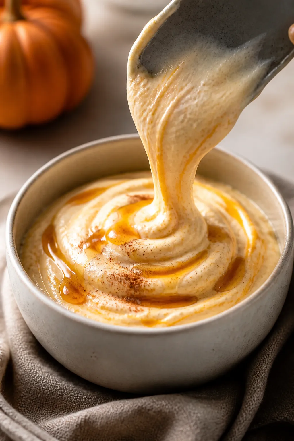 Cooking process close-up: Silky pumpkin whipped cottage cheese streaming off a blender spatula into