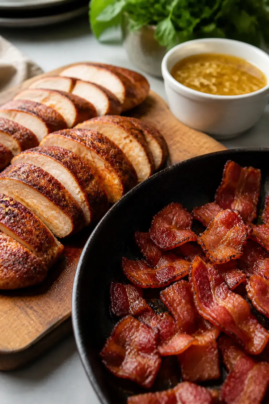Cooking process close-up: Sliced, golden-seared chicken breasts resting on a wooden board beside a s