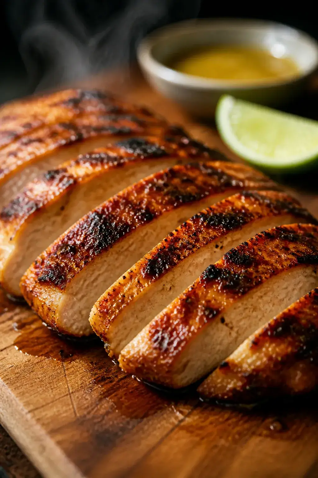 Cooking process close-up: Sliced grilled chicken breast just off the grill pan, showing perfect cros