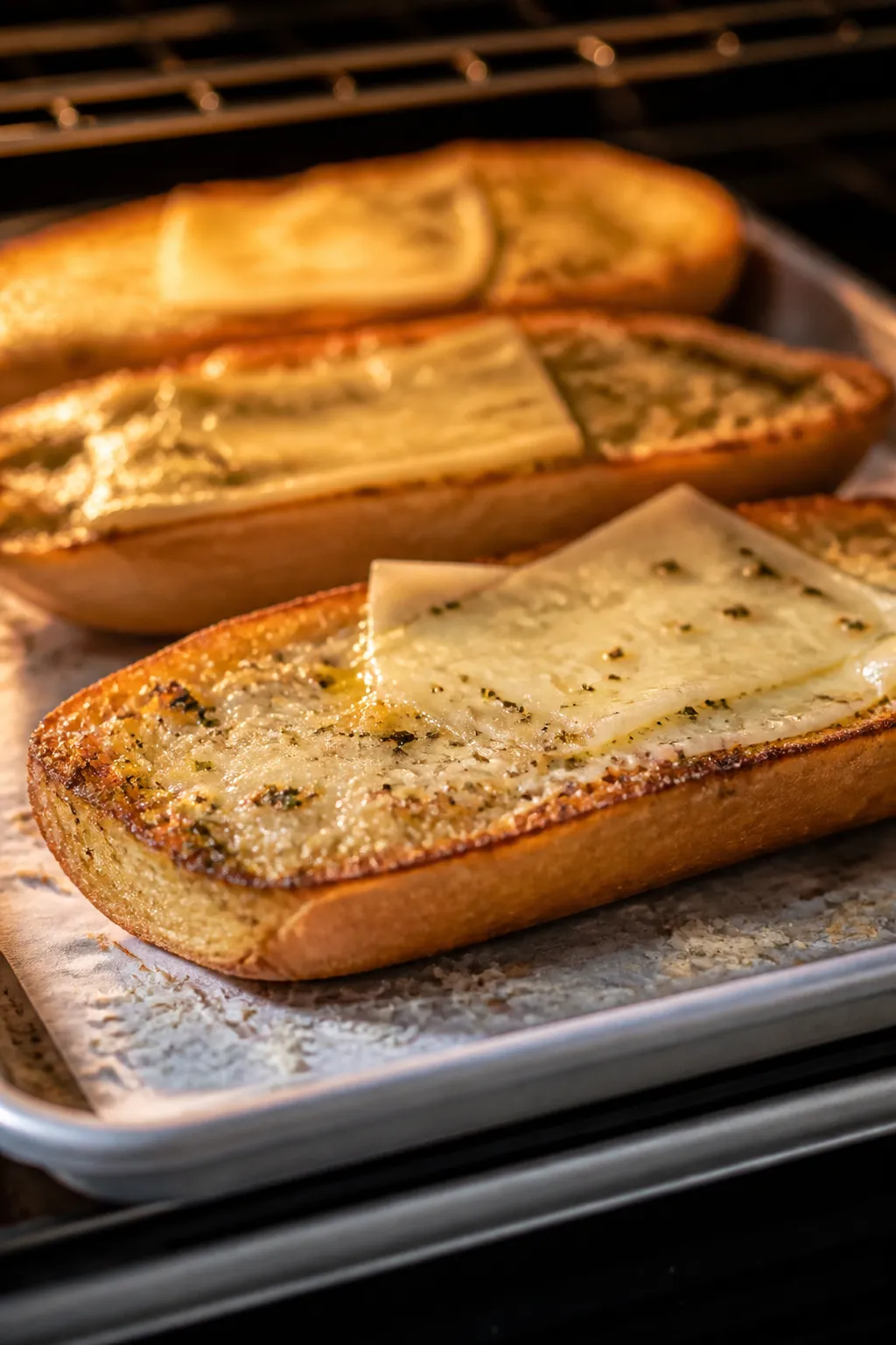 Cooking process close-up: Split sub rolls under a broiler, cut-sides up, brushed generously with glo